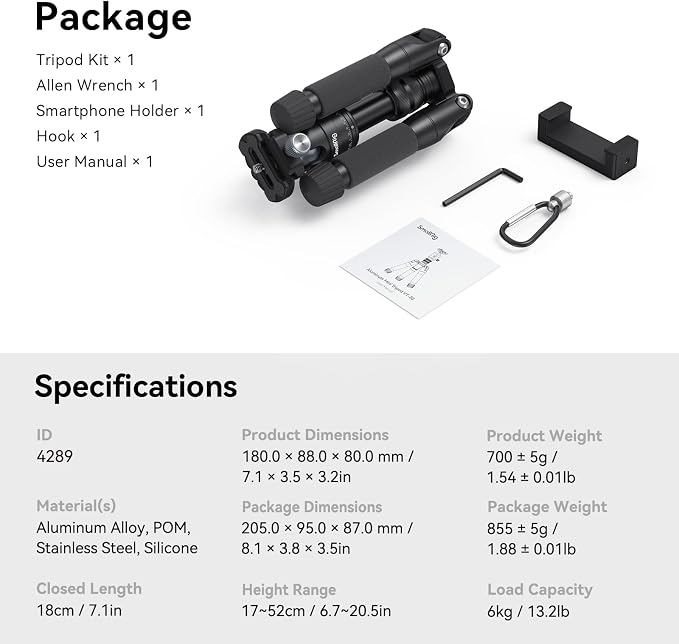 SmallRig VT-20 Aluminum Mini Tripod, 20" Desktop Tripod with 360° Ball Head, Compact Desktop Tripods for DSLR Camera Video Camcorder, Load up to 13lb/6kg