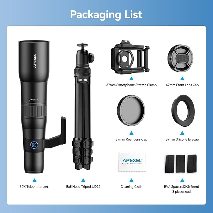 APEXEL 50x Telephoto Lens for iPhone & Android Phones | Wildlife Moon Photography Monocular Telescope | with Universal Clip & Tripod | High-Definition Optical Zoom Lens for Landscapes Target Viewing