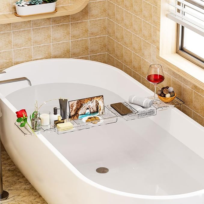 Expandable Bathtub Tray - Lightweight Adjustable Bath Caddy, Spa Organizer with Holder for Phone, Book & Wine Glass (Extra Long)