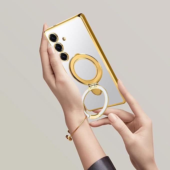 Magnetic Case for Samsung Galaxy S24 Case Stand & Ring Holder Compatible with MagSafe Built-in Camera Lens Protector Shockproof Phone Case for Samsung S24 - Gold