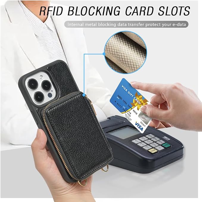 ZVE for iPhone 14 Pro Wallet Case, Card Holder Zipper Crossbody Phone Case with Wrist Strap, RFID Blocking Leather Purse for Women Compatible with iPhone 14 Pro, 6.1 inch, 2022-Black