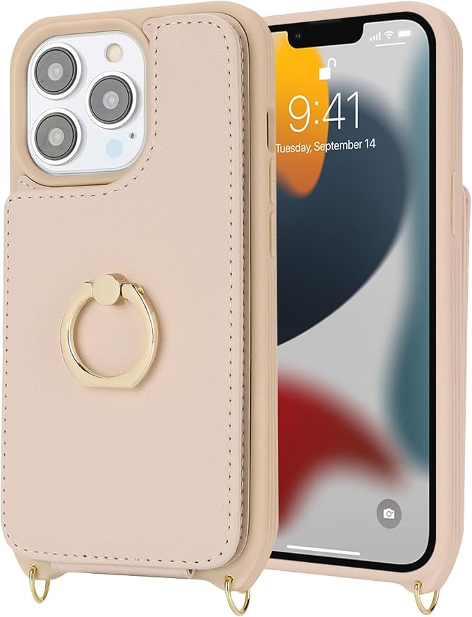Lipvina for iPhone 13 Pro Case with Card Holder for Women,Crossbody Strap Lanyard,Credit Card Holder,Ring Stand,Snap Clasp,Wallet Case 6.1 inch (Beige)