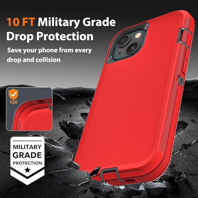 for iPhone 14 Plus Case with 2Pcs Tempered Glass Screen Protector and 1Pcs Camera Lens Protector, Military Grade 3 in 1 Heavy Duty Shockproof/Drop Proof/Dust Proof Case (Red/Black)