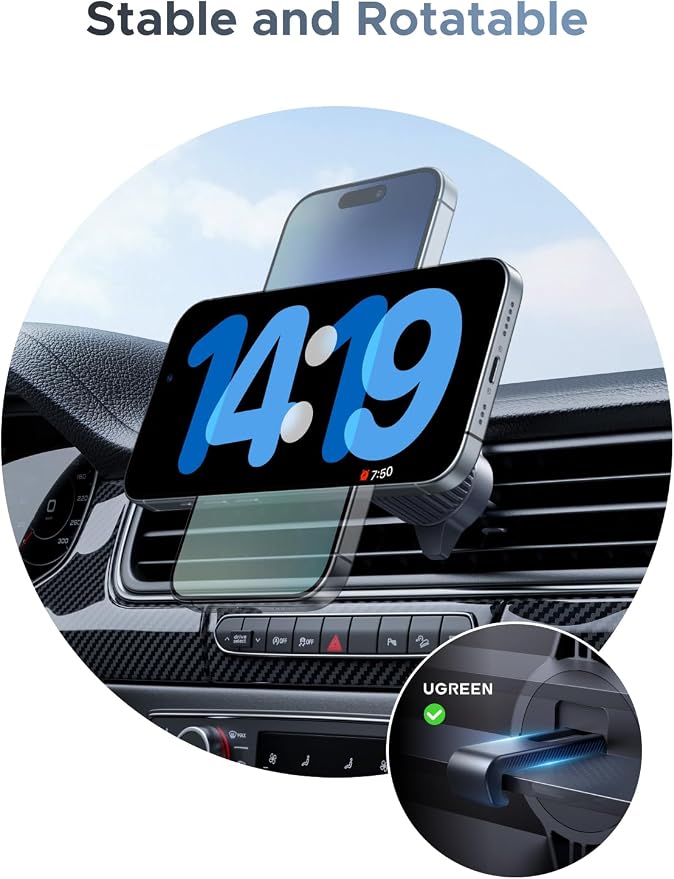 UGREEN 25W MagFlow Wireless Car Charger, MagSafe Qi2 Certified Fast Charging Cradle Mount for iPhone 17/16/15/14/13/12 Series, Air Vent Clip Secure Holder with USB-C Cable