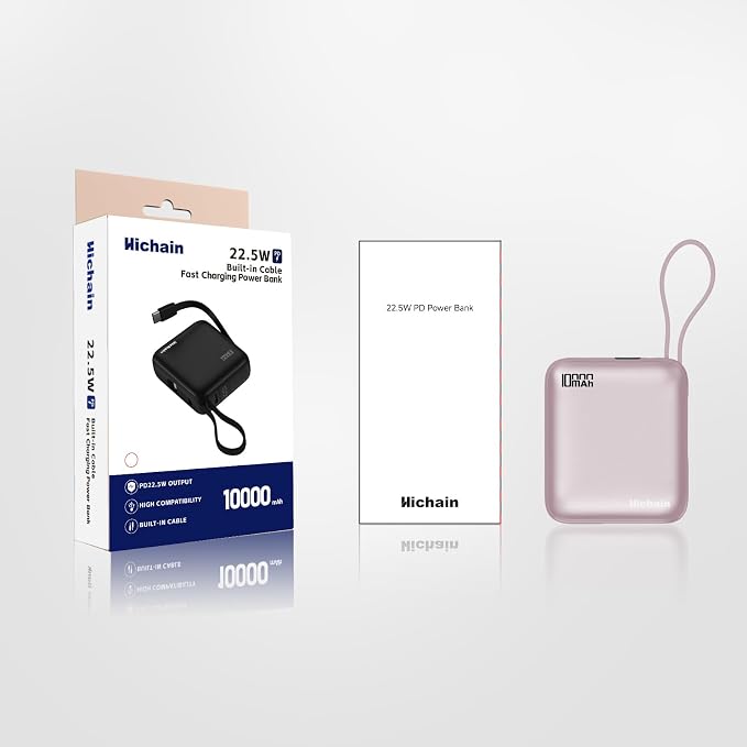 10000mAh Small Portable Charger with Built in Cables LED Display Pink | Mini Power Bank 22.5W USB-C Fast Charging Battery Pack, Travel Essential Power Bank for iPhone, iPad, Samsung, Android