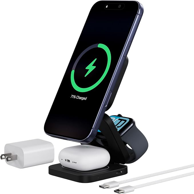 KU XIU Qi2.2 25W 3-in-1 Charging Station for Apple Device, Foldable Magnetic Charger for iPhone 17/16, 5W for Apple Watch & AirPods, Fast Travel Wireless Charging Stand with 45W Adapter
