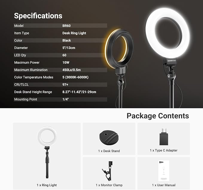NEEWER Basics 5" LED Desktop Ring Light with Stand, Monitor Clamp, 10W, Compatible with iPhone Desk Computer Laptop Webcam Phone for Selfie Makeup Recording Zoom Video Conference Lighting, Black BR60