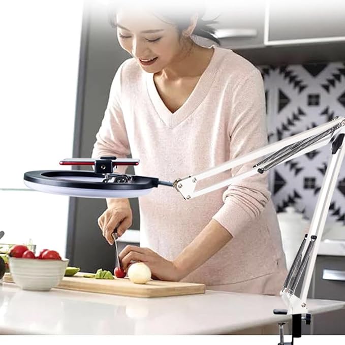 Overhead Tripod Mount for Camera Webcam Ring Light, Over Head Articulating Arm with Phone Holder and Ball Head, Desktop Suspension Scissor Accessory for Live Streaming,Video Recording (White)