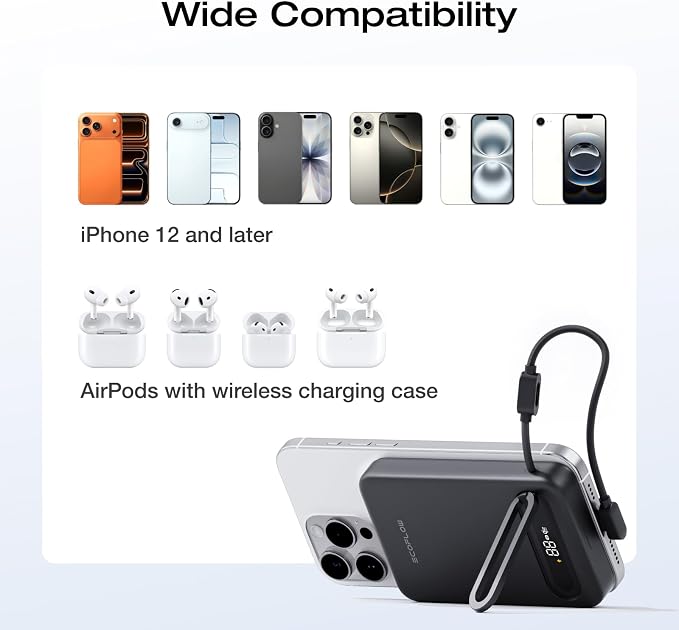EF ECOFLOW Rapid Mag Power Bank, Qi2.2 25W MagSafe-Compatible Portable Charger, 10,000mAh Magnetic Power Charger with Built-in USB-C Cable and Foldable Stand, for iPhone 17/16/15
