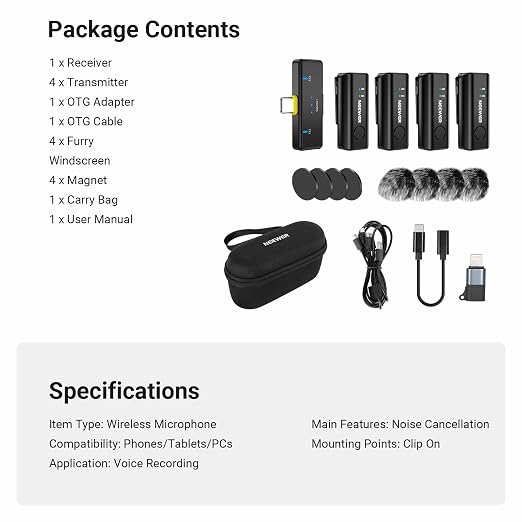NEEWER KM23C Wireless Lavalier Microphone Compatible with iPhone Android Tablet PC Laptop, Omnidirectional 48K/24Bit 20-20KHZ AI Noise Cancellation Mute 70m Range 32h Total Battery (1x RX + 4X TX)