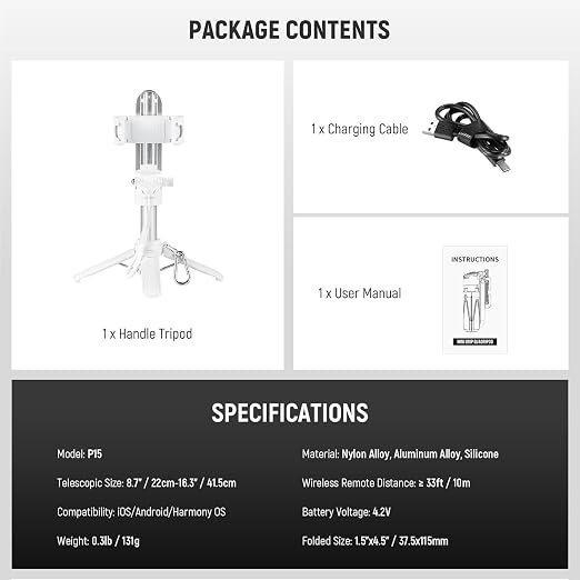 NEEWER Selfie Stick with Detachable Bluetooth Remote Shutter, Lightweight Foldable Travel Tripod for iPhone for YouTube/TikTok Vlogs Live Streaming Photography, White, P15