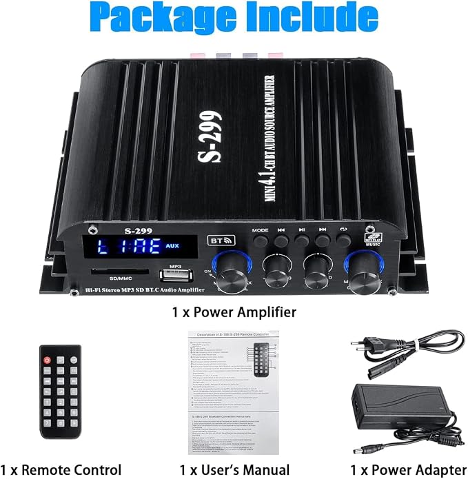 4.1 Channel Home Audio Amplifier Receiver, Bluetooth 5.0 Mini Amp with Subwoofer Output, RMS 4x50W MAX 800W for Home Theater/Car- USB/SD/AUX Input, for Passive Speakers and Active subwoofer