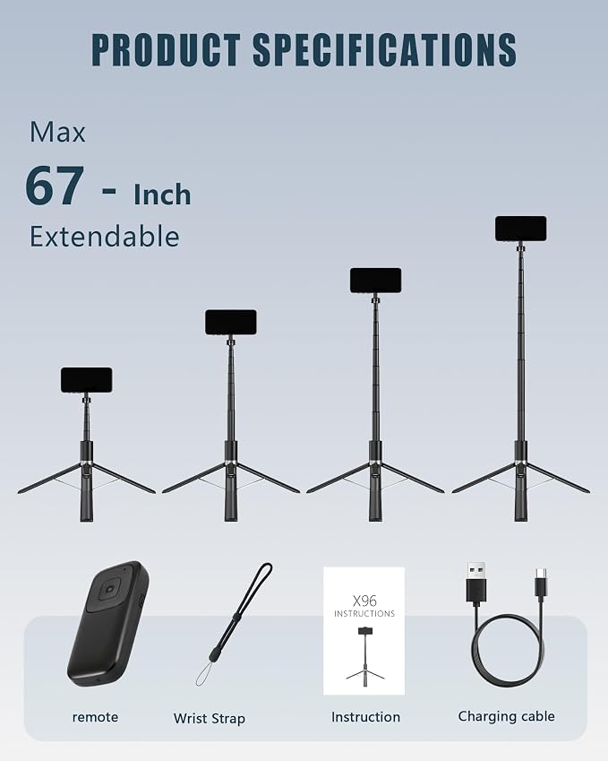 Magnetic Phone Tripod for iPhone MagSafe - 67" Auto-Deploy Selfie Stick with Wireless Remote, 360° Rotatable Tripod Stand for Video Recording, Live Streaming, Vlogging