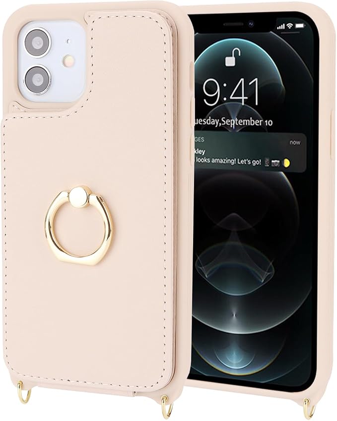 Lipvina for iPhone 12/12 Pro Case with Card Holder for Women,Crossbody Strap Lanyard,Credit Card Holder,Ring Stand,Snap Clasp,Wallet Case 6.1 inch (Beige)