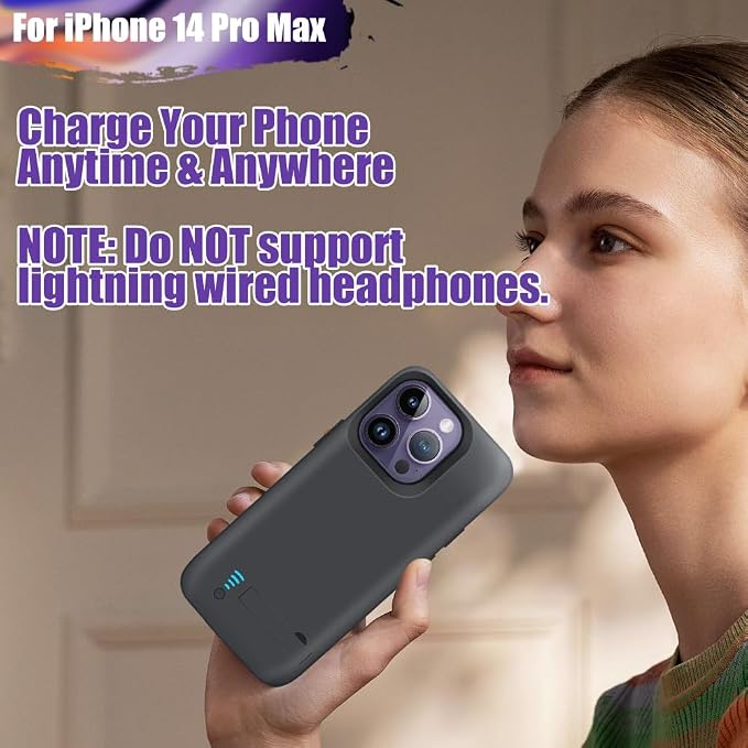 Battery Case for iPhone 14 Pro Max, 6000mAh Rechargeable Extended Battery Charging/Charger Case, Add 100% Extra Juice (6.7 Inches) Black