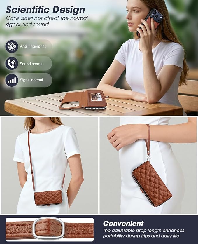 OCASE for iPhone 17 Pro Max Crossbody Detachable Wallet Case, PU Leather Handbag Phone Purse with Zipper Closure, Card Slots & RFID Blocking, Wrist Strap, Lanyard, Kickstand, Diamond Check Brown