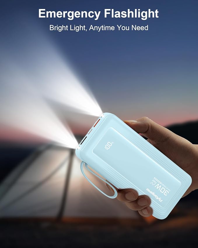 Portable Charger with Built-in Cables, 27000mAh Slim 30W Fast Charging Power Bank with LED Display, USB C Battery Pack 6 Outputs & 2 Inputs, Travel Essential Charger for iPhone, Samsung, Google etc