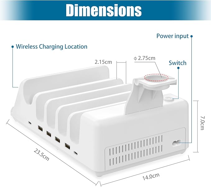 AGVEE 140W 7in1 Multi USB Charging Station Organizer Family Block Hub with Multi Cables, 3 Wireless Charger Dock for Pad Phone Cell Phone Android Tablet Multiple Devices, White