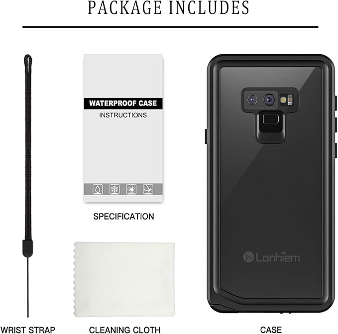 Lanhiem for Galaxy Note 9 Phone Case, IP68 Waterproof Dustproof Shockproof Case with Built-in Screen Protector, Full Body Underwater Protective Clear Cover for Samsung Galaxy Note 9, Black