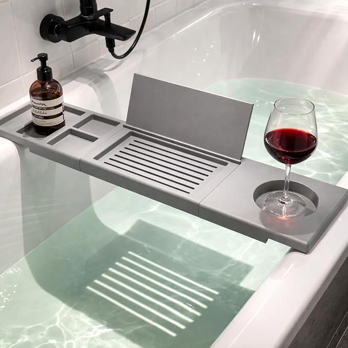 NextForm3D Minimalist Bathtub Caddy Tray, Waterproof PETG Bath Tray with Phone Holder and Wine Glass Slot, Modern Spa Bath Shelf, 70cm (Gray, Large 85CM)