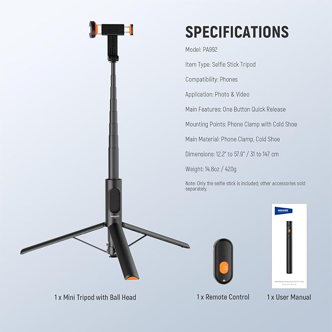 NEEWER 57.9" Selfie Stick Tripod Compatible with iPhone Samsung Android, Metal Portable Lightweight Travel Cell Phone Stand with Phone Holder Mount & Remote for Video Recording Filming, PA992 Black