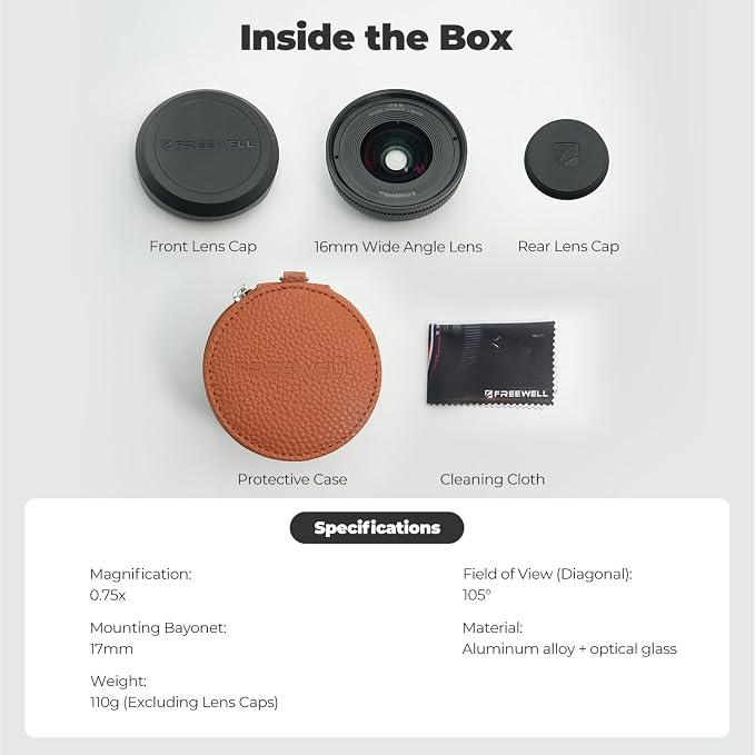 Freewell 16mm Wide Angle Lens for iPhone & Samsung – 105° FOV, Close Focus 0.5m – Perfect for Landscapes, Architecture.