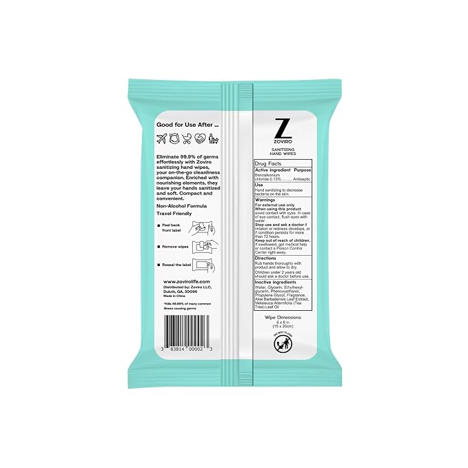 Zoviro Hand Sanitizer Wipes, Moisturizing With Tea Tree Essential Oil, Ultra-Soft 100% Viscose, Hand Wipes Travel Size, Tea Tree Scent, 20 Count (Pack of 10)