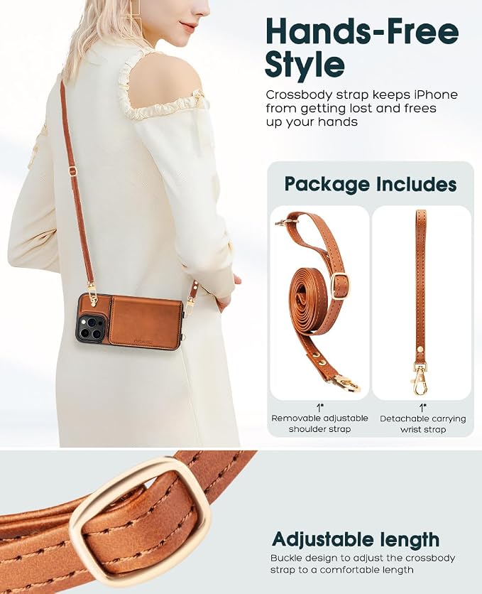 OCASE Compatible with iPhone 16 Pro Crossbody Wallet Case with Card Holder, PU Leather Zipper Handbag Phone Purse with RFID Blocking Kickstand Wrist Strap Lanyard 6.3 Inch, Brown