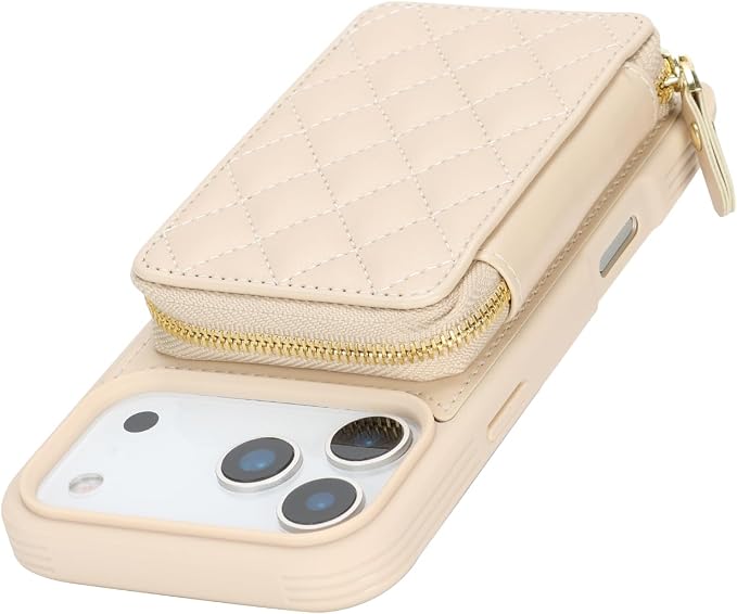 Crossbody Wallet Case for iPhone 17 Pro, PU Leather Zipper Handbag Purse Flip Cover, Kickstand Folio Case with Card Slots Holder Wrist Strap Lanyard 5G 6.3 Inch-White