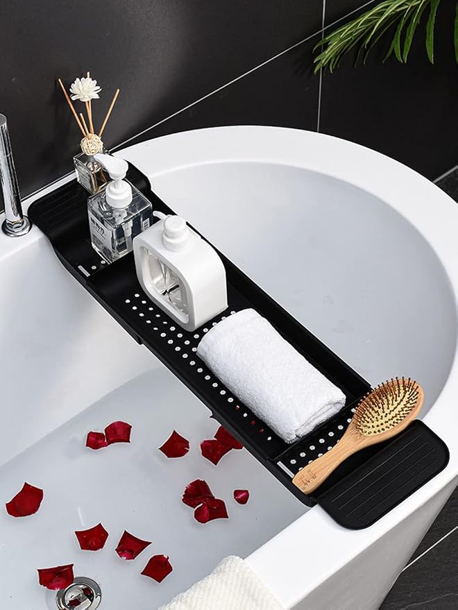 Bathtub Caddy Tray, Expandable Bath Shelf, Adjustable Size from 21.9 to 31 inches Plastic Bathtub Storage Rack, Bathtub Accessories & Bathroom Gadgets, Bath Tub Tray for Kitchen Bathroom (Black)
