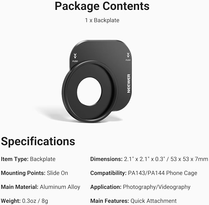 NEEWER 37mm Filter Lens Backplate for PA143/PA144 Phone Cage Only, Quick Release Video Rig Mobile Camera Photography Accessories Compatible with iPhone 17 Pro 17 Pro Max Beastgrip, PA152 (Black)