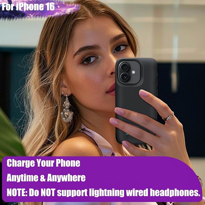 Battery Case for iPhone 16, 5000mAh Rechargeable Extended Battery Charging/Charger Case, Add 100% Extra Juice (6.1 Inches) Black