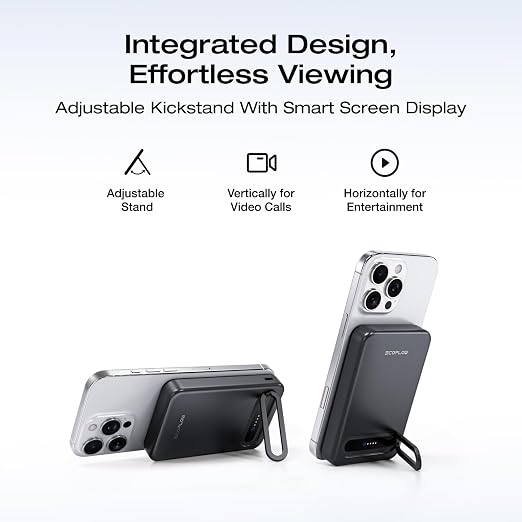 EF ECOFLOW Rapid Mag Power Bank, Qi2 Certified 15W Ultra-Fast MagSafe-Compatible Portable Charger, 10,000mAh Magnetic Power Charger with Foldable Stand, for iPhone 17/16/15.
