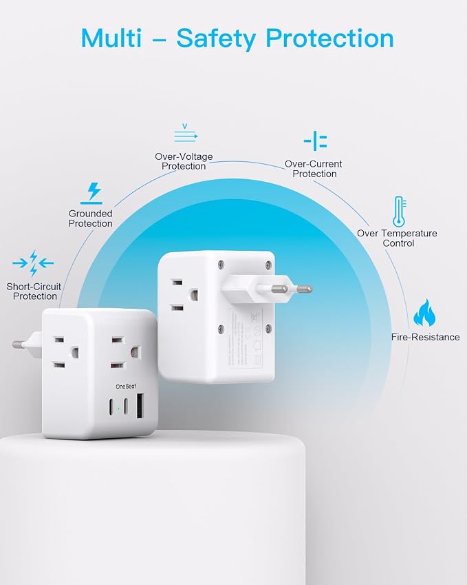 One Beat 2 Pack European Travel Plug Adapter, Type C International Power Adapter with 3 Outlets and 3 USB Ports (2 USB-C), Travel Essentials for USA to Europe, Spain, Italy, France, Germany, EU