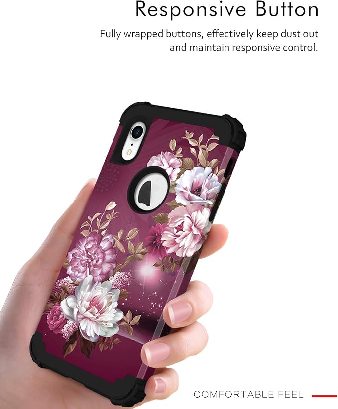 Hocase for iPhone XR Case, Heavy Duty Shockproof Protection Soft Silicone Rubber+Hard Plastic Bumper Hybrid Dual Layer Protective Case for iPhone XR (6.1-inch) 2018 - Royal Purple Flowers