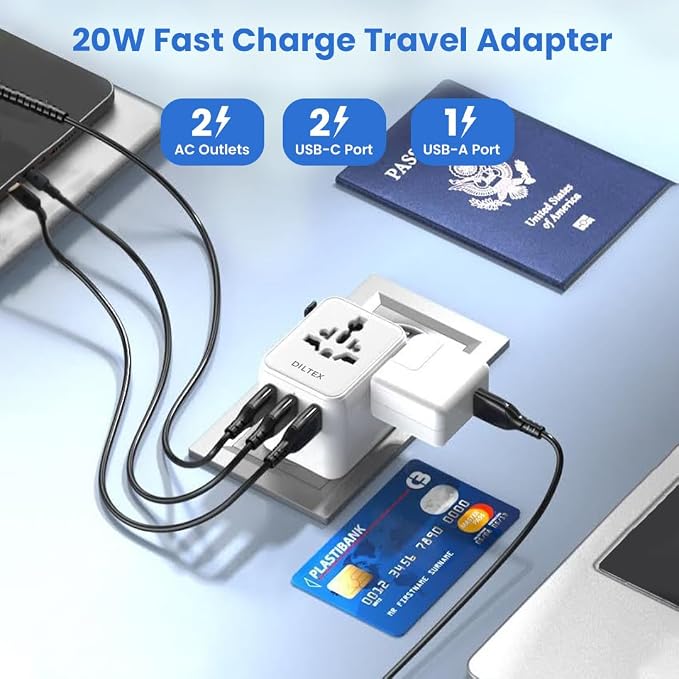 20W GaN III Fast Charging Travel Adapter β Dual USB-C & USB-A Ports with 2 AC Outlets & Dual 10A Overload Fuses β Universal Wall Charger for 200+ Countries β Power Adapter for Phones
