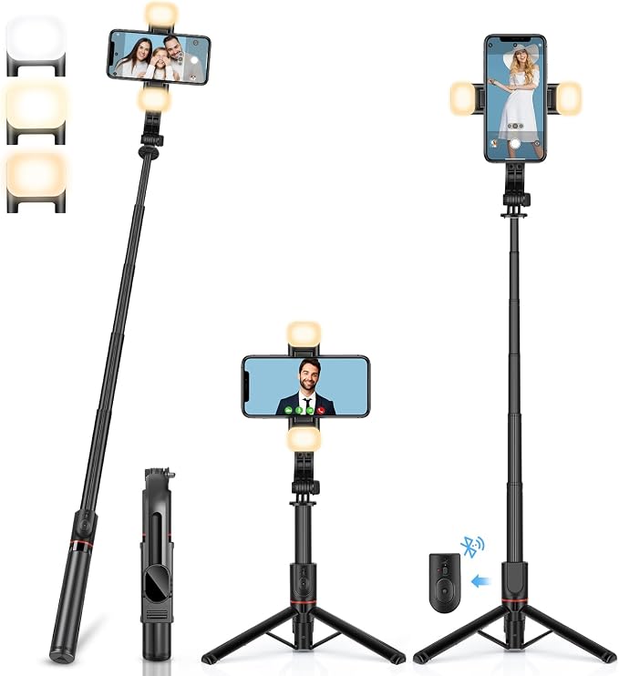 UTEBIT Phone Tripod & Selfie Stick with Light & Remote, 42" Extendable Selfie Stick Cell Phon Travel Tripod Stand Compatible with iPhone Android, Camera, 360° Rotation & Wireless Remote Control, Black