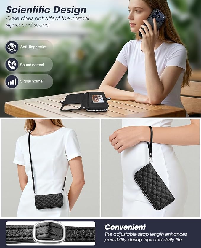 OCASE for iPhone 17 Pro Max Crossbody Detachable Wallet Case, PU Leather Handbag Phone Purse with Zipper Closure, Card Slots & RFID Blocking, Wrist Strap, Lanyard, Kickstand, Diamond Check Black