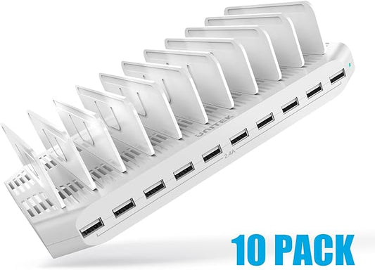 【10PCS】 Unitek Multi Charging Station, 10-Port USB Charger for Multiple Device with SmartIC Tech and Adjustable Dividers, Organizer Stand Compatible with iPad, Tablet, Kindle, iPhone - 10PCS, White