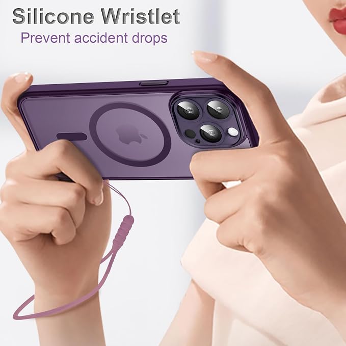 ROYBENS for iPhone 13 Matte Clear Case Compatible with Magsafe, Full Camera Lens Protection, Screen Protector, Wrist Strap, Translucent Magnetic Slim Hard Protective Phone Cover,6.1-Inch, Purple