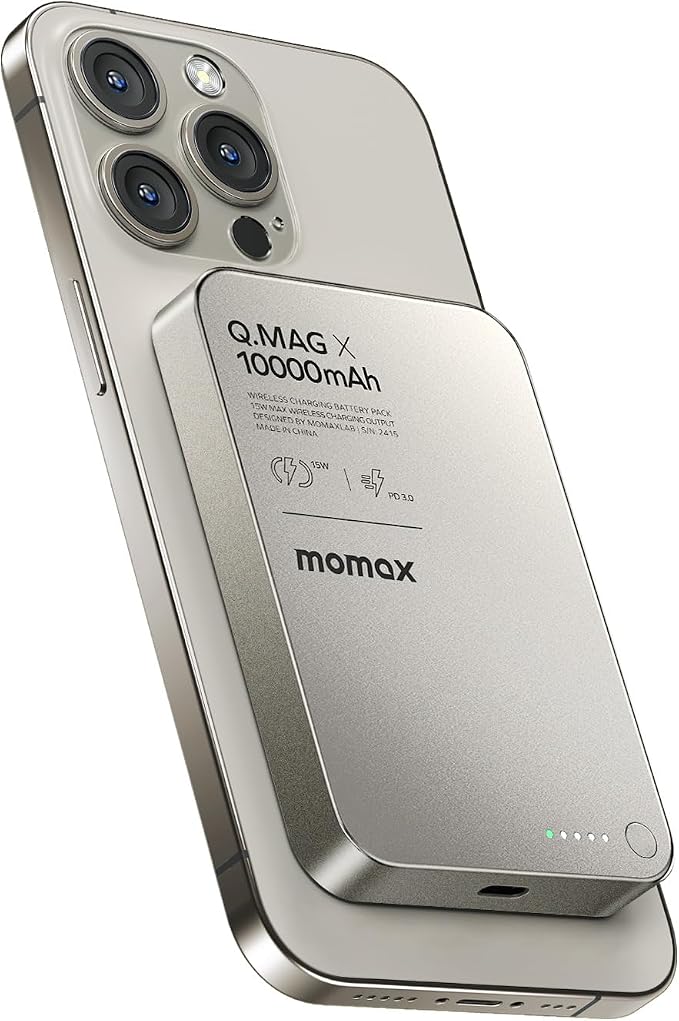 MOMAX Magnetic Power Bank 10,000mAh Portable Charger, Ultra-Slim 0.5" MagSafe-Compatible Portable Charger, 20W USB-C PD Fast Charging, for iPhone 17/16/15/14/13/12 Series, Samsung Galaxy