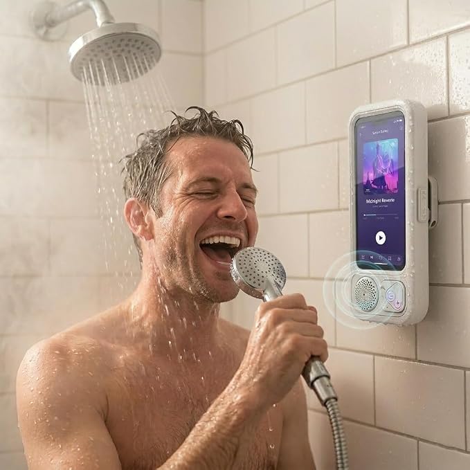 Shower Phone Holder Waterproof with Speaker and Key Control, Wall-Mounted Water Proof Anti Fog Case, Built-In Wireless Speaker, 360° Rotatable, Extendable and Adjustable, Waterproof Screen Touch,White