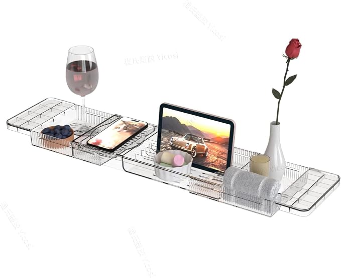 Expandable Bathtub Trays for Tub,Acrylic Bath Shelf Over Tub,with Non-Slip Design iPad Holder for Books Phone,Suitable for Bathtubs with an Internal Width of up to 28 Inch