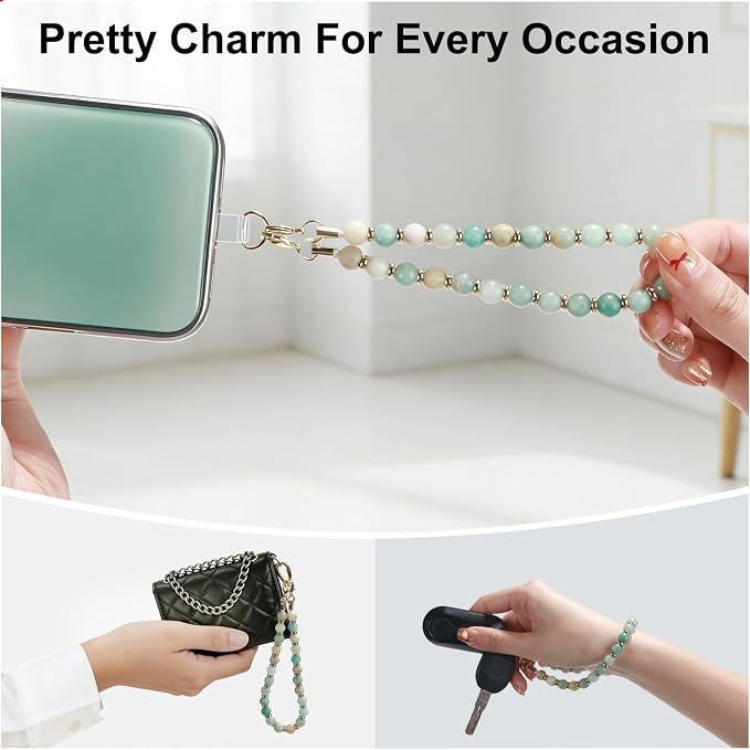 TEAMOLA Natural Stone Phone Charm, Handmade Crystal Cellphone Chain for Universal, Beaded Healing Anti Theft Phone Wrist Strap with Tether Tab, Amazonite