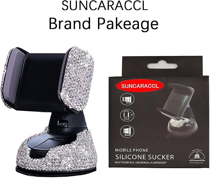 SUNCARACCL Bling Car Phone Holder, 360°Adjustable Universal Rhinestone Crystal Auto Phone Mount Stand Accessories for Windshield Dashboard and Air Outlet (White)