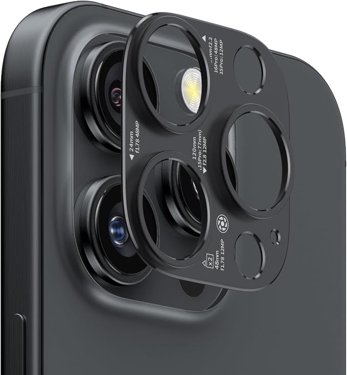 2025 Upgraded 2 PACK for iPhone 14/15/16 Pro & Pro Max Camera Lens Protector (No Glass Lens Coverage), Metal Cover with Engraved Camera Parameters- Black
