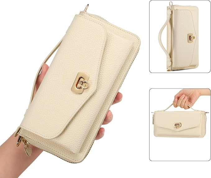 Crossbody Wallet Case for iPhone 16 Pro 6.3", Magnetic Detachable Floral PU Leather Phone Case with RFID Blocking Card Holder Wristlet Mirror Flip Zipper Shoulder Purse Bag for Women - White