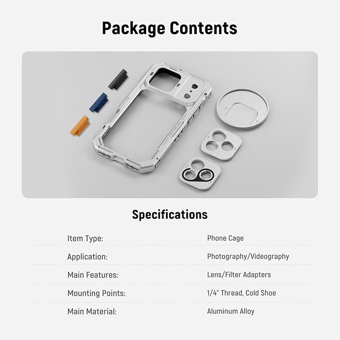 NEEWER Phone Cage Compatible with iPhone 17 Pro Max, Quick Release Video Rig Stabilizer Accessories with 67mm Filter Ring, 17mm Lens Backplate, T Mount Adapter, 4X Camera Control Cap, PA144 (Silver)