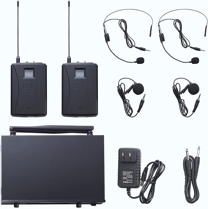 Dual Channel UHF Wireless Microphone System, 2x30 Adjustable Frequencies, Lavalier & Headset Microphone System for Meeting, Church, 300ft Range (2 Bodypack)