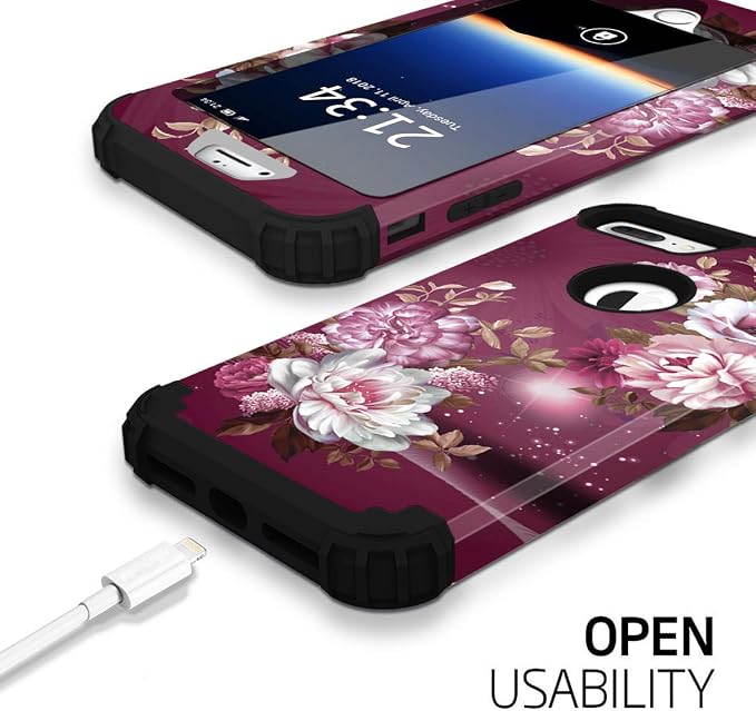 Hocase iPhone 8/7 Plus Case - Heavy Duty Shockproof Protection, Hybrid Hard Plastic+Silicone Rubber, Royal Purple/White Flowers